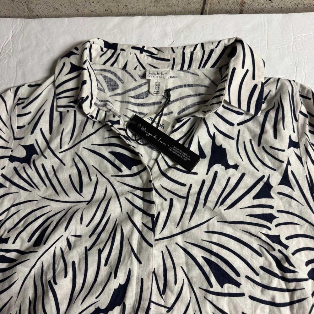 NWT Nicole Miller New York Linen Blend Palm‎ Print  Midi Dress White Navy 1X